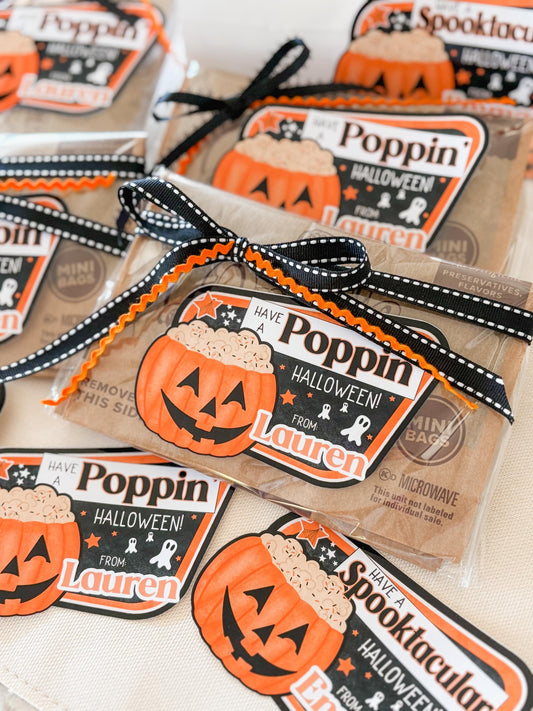 Halloween Popcorn Stickers – Personalized “Have a Poppin’ Halloween” Labels for Kids, Classroom, or Party Favors