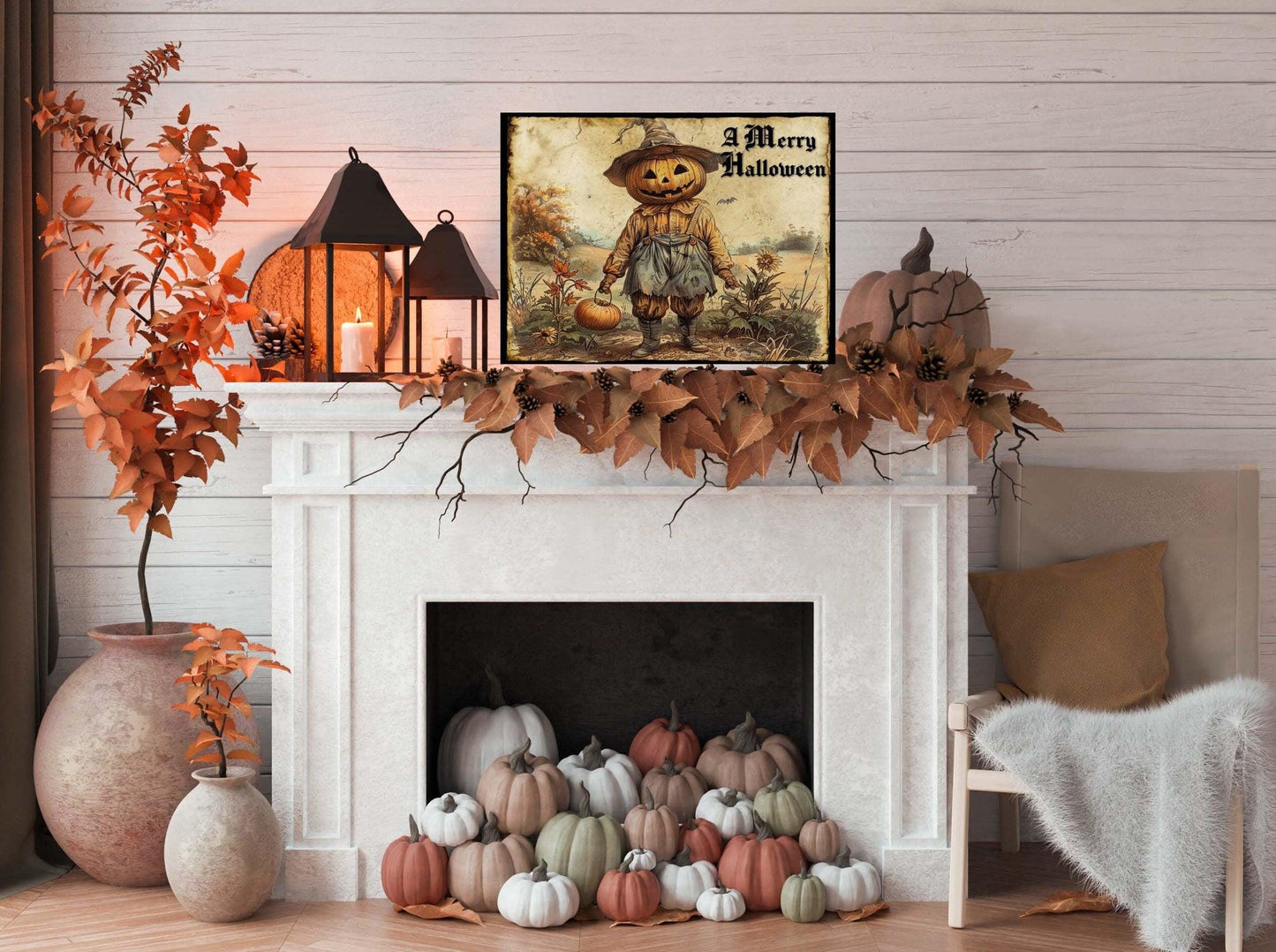 Primitive Pumpkin Head Scarecrow Halloween Metal Sign – Spooky Wall Art for Indoor & Outdoor Decor