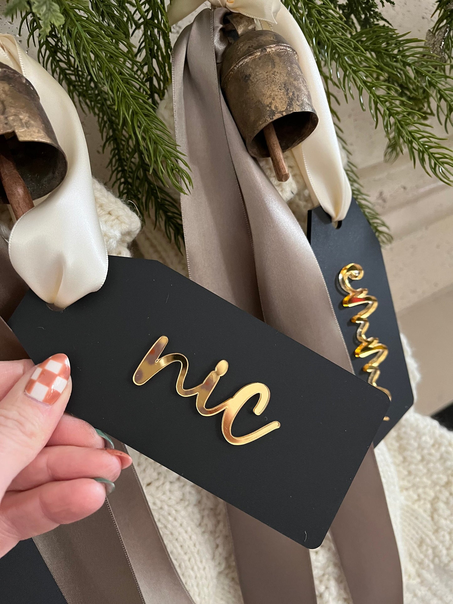 Personalized Black Acrylic Stocking Tag – Modern 3D Christmas Name Tag