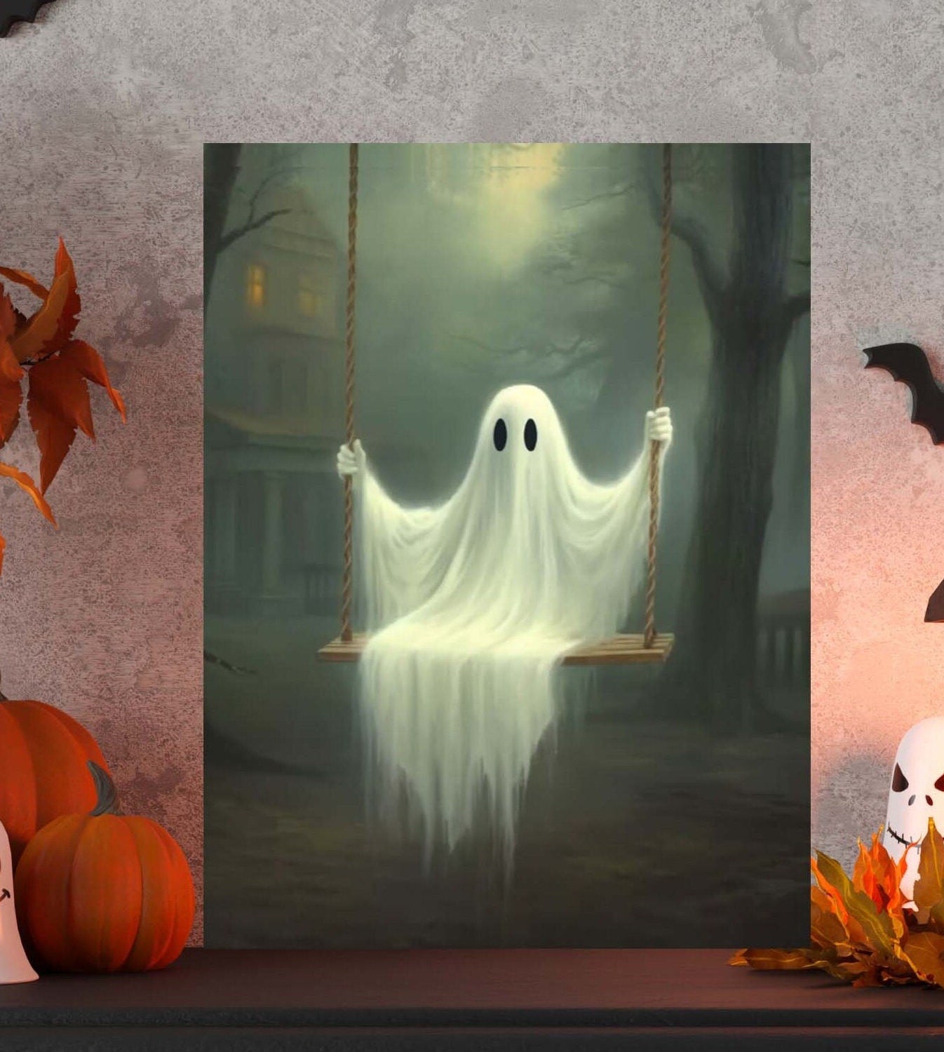 Primitive Halloween Metal Sign – Ghost on Swing Wall Art (Indoor & Outdoor)