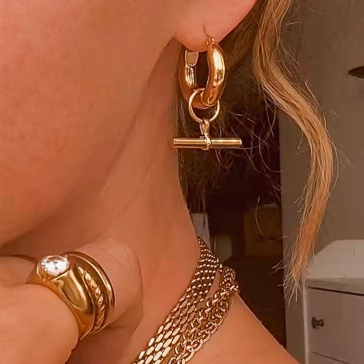 18K Gold Plated T Bar Earrings – Minimalist Huggie Hoop Drops