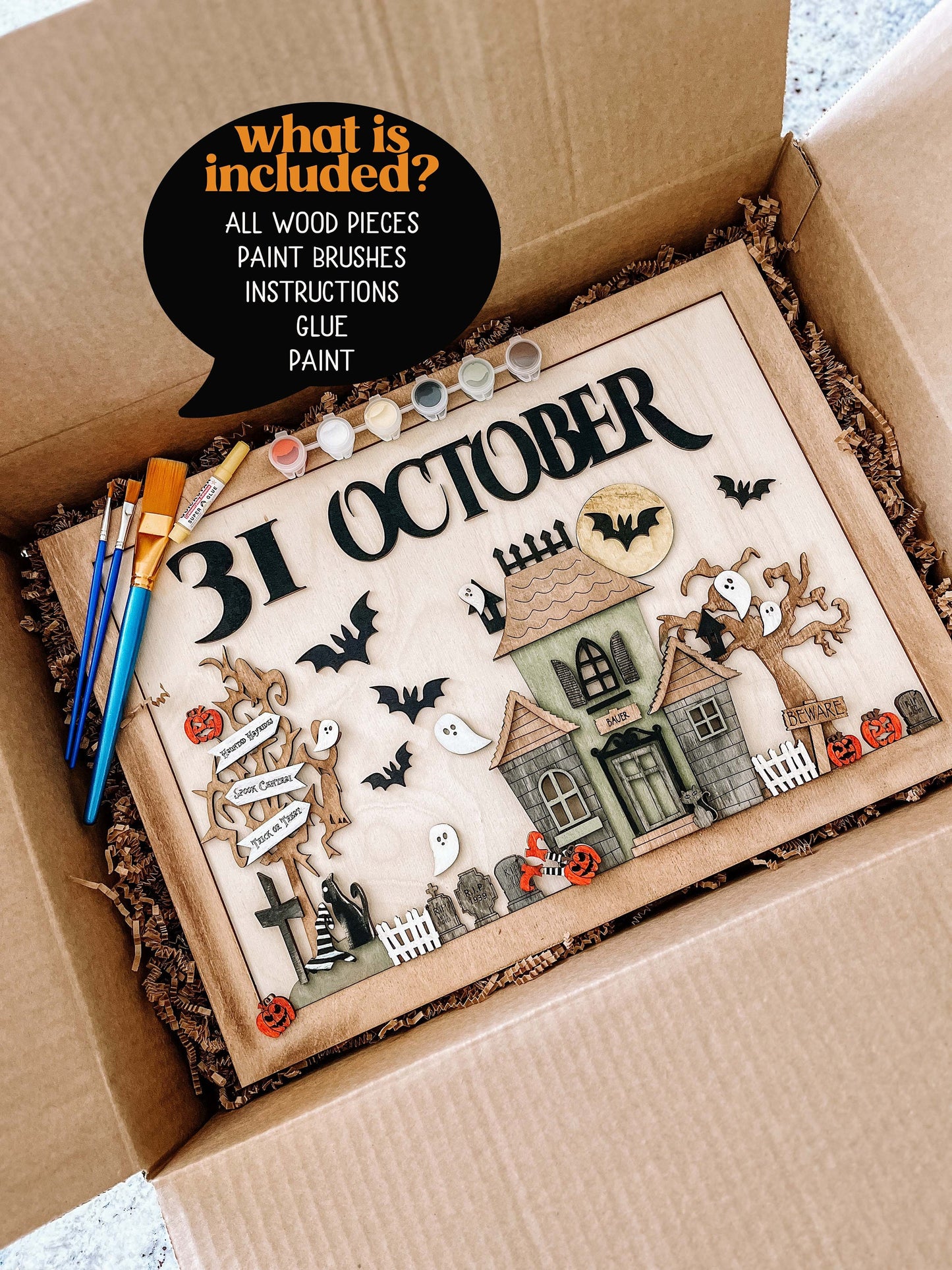 DIY Haunted House Paint Kit - Personalized Halloween Craft Set with Wood, Paint & Brushes