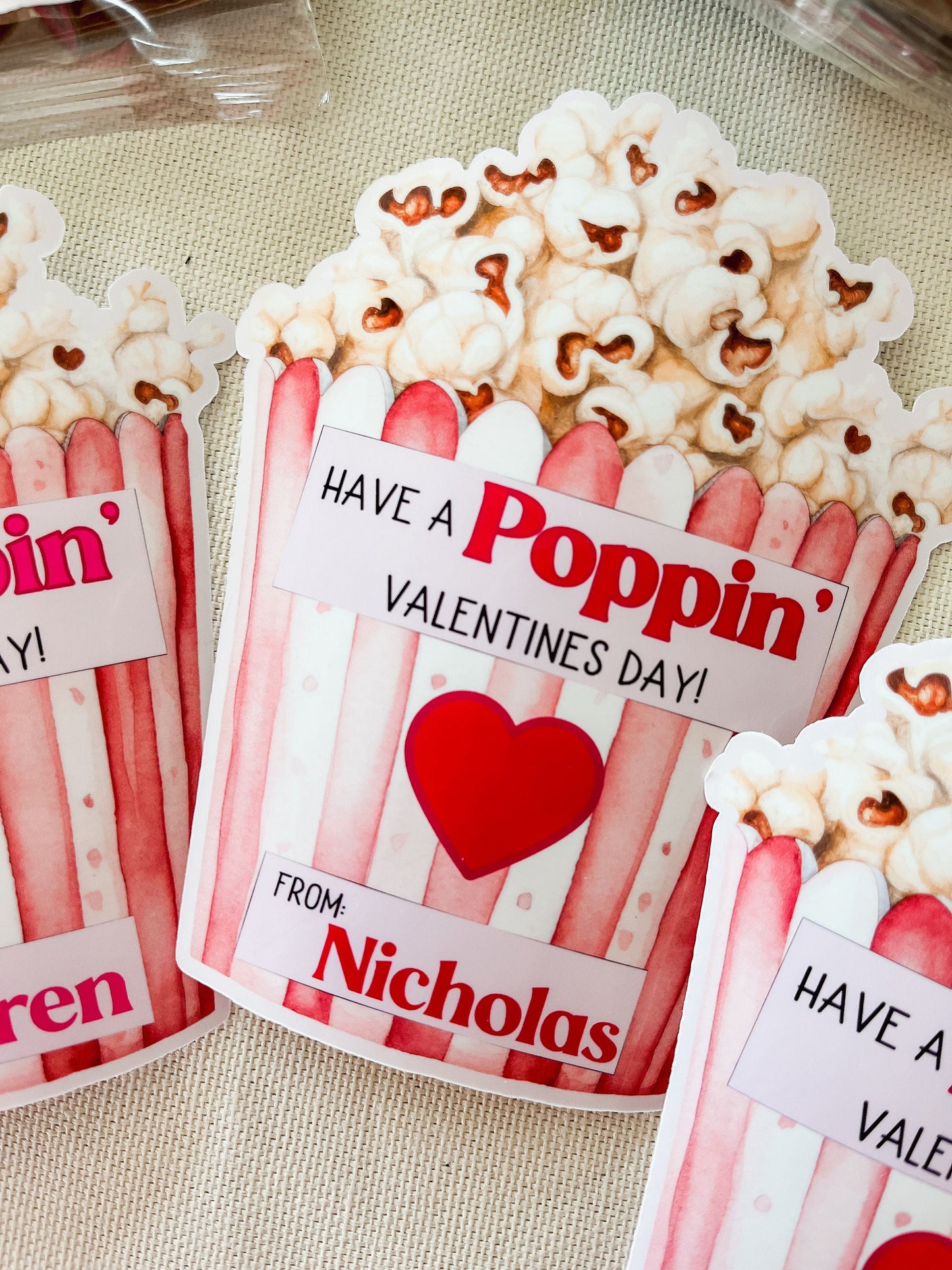 Personalized Valentine Popcorn Stickers – Kids Classroom Labels, Poppin’ Valentines