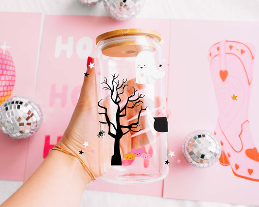 Pink Halloween Iced Coffee Glass – Cute Retro Pastel Ghost & Pumpkin Cup with Bamboo Lid
