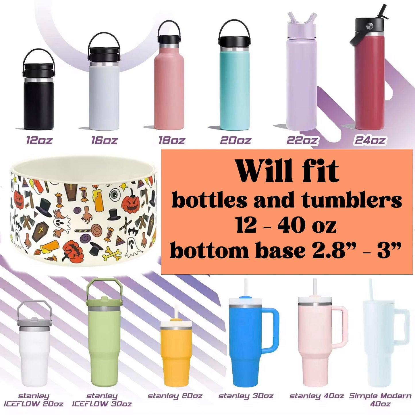 Halloween Tumbler Boot Sleeve - Spooky Ghosts, Bats & Pumpkins | Fits 20 oz 30 oz 40 oz water bottle and tumbler