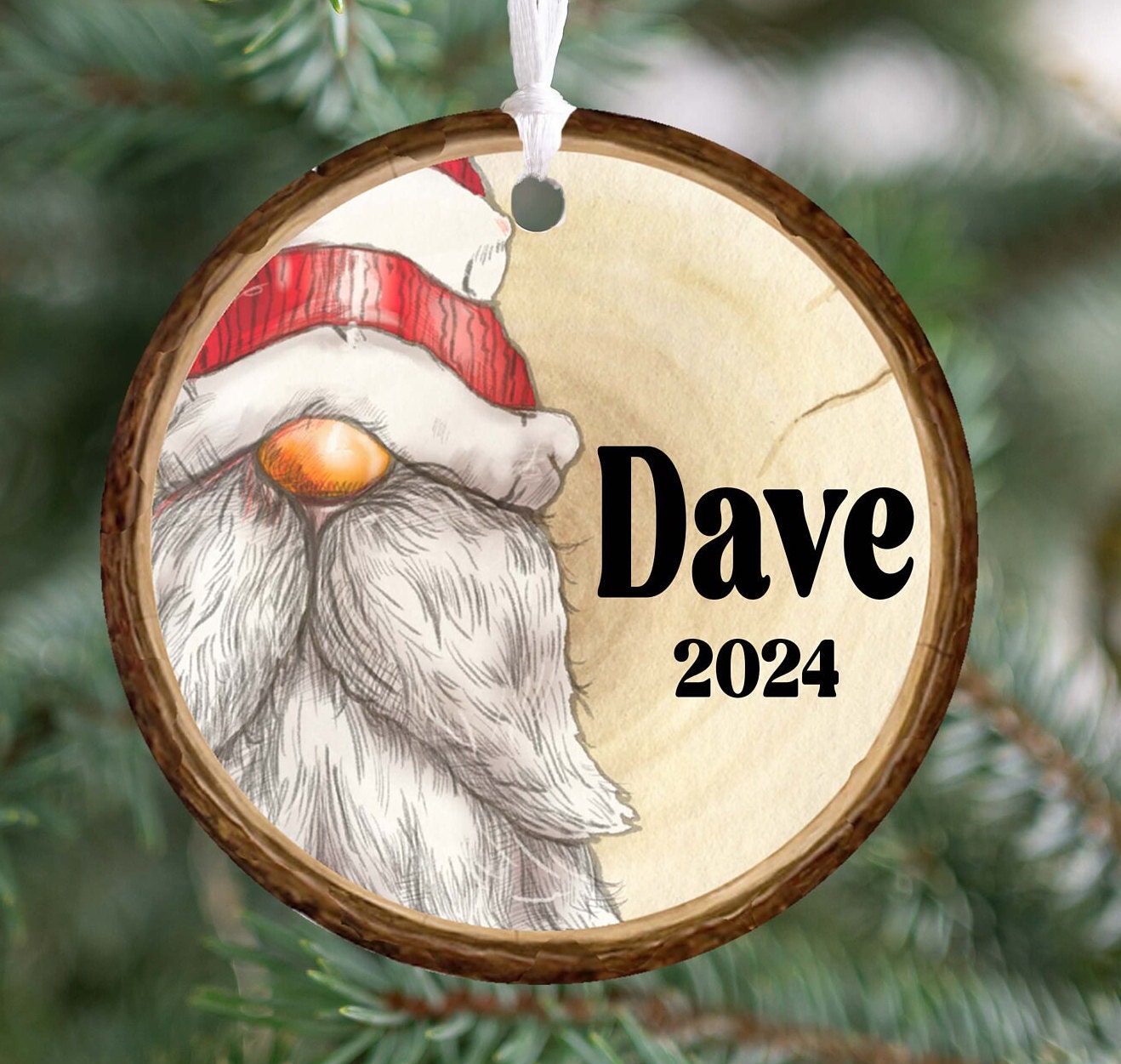 Personalized Gnome Ornament 2025 – Kids & Adults, Wood Slice Look