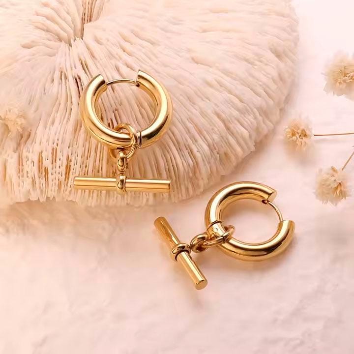 18K Gold Plated T Bar Earrings – Minimalist Huggie Hoop Drops