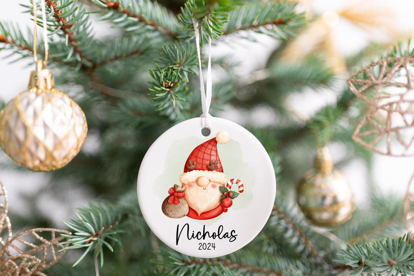 Personalized Watercolor Santa Gnome Ornament 2025 – Candy Cane Design, Kids & Adults