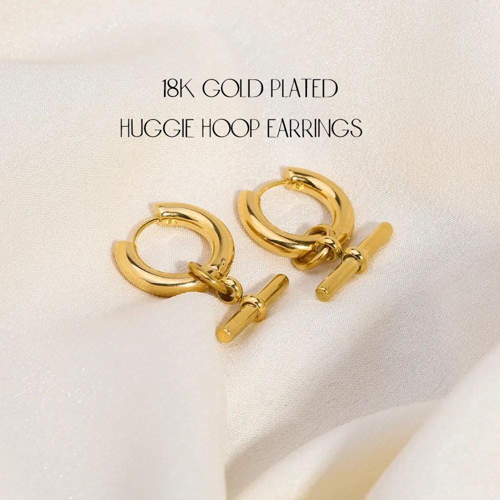 18K Gold Plated T Bar Earrings – Minimalist Huggie Hoop Drops