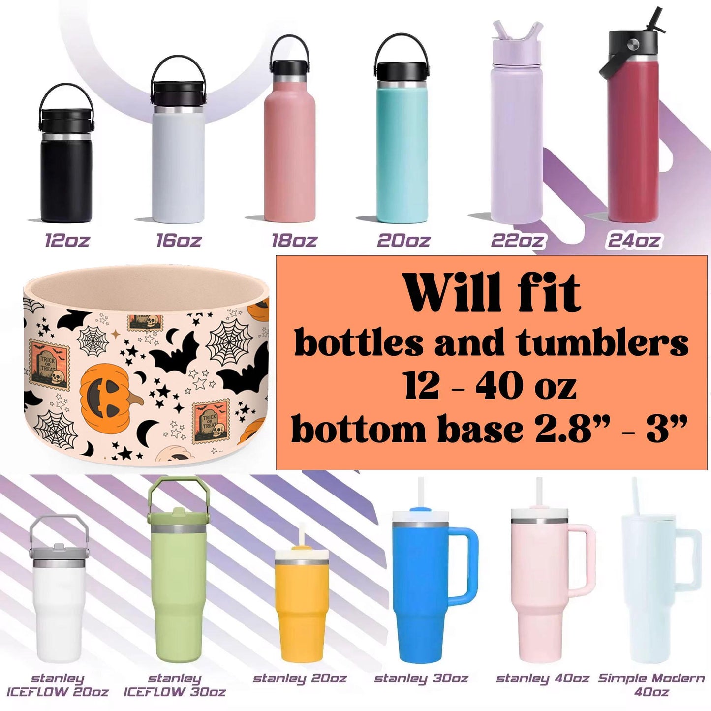 Halloween Tumbler Boot Sleeve - Spooky Ghosts, Bats, Pumpkins & Spiderwebs | Fits 20 oz 30 oz 40 oz water bottle and tumbler