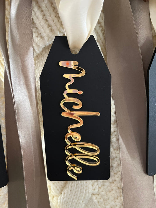 Personalized Black Acrylic Stocking Tag – Modern 3D Christmas Name Tag