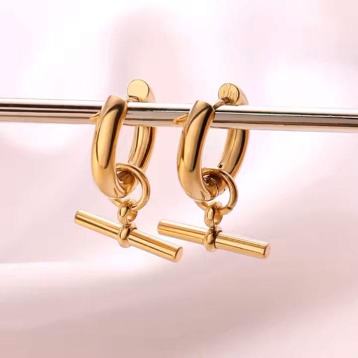 18K Gold Plated T Bar Earrings – Minimalist Huggie Hoop Drops