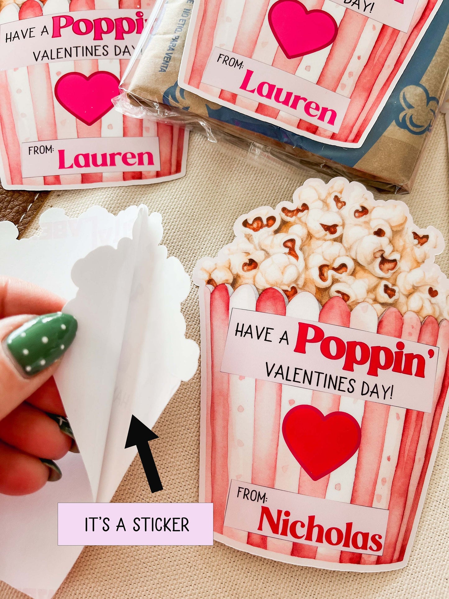 Personalized Valentine Popcorn Stickers – Kids Classroom Labels, Poppin’ Valentines