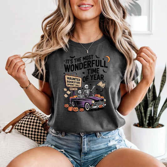 Skeleton Haunted Bookstore Halloween Graphic Tee – Retro Halloween Graphic Tee