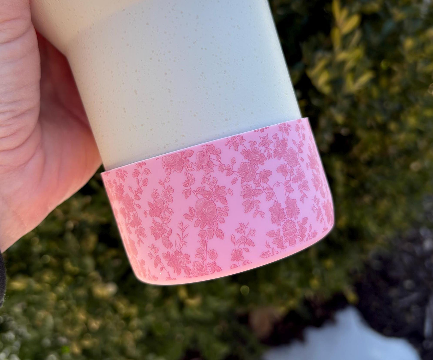 Pink Toile Floral Tumbler Boot | Flower silicone boot, fits 20 oz 30 oz 40 oz water bottle and tumblers
