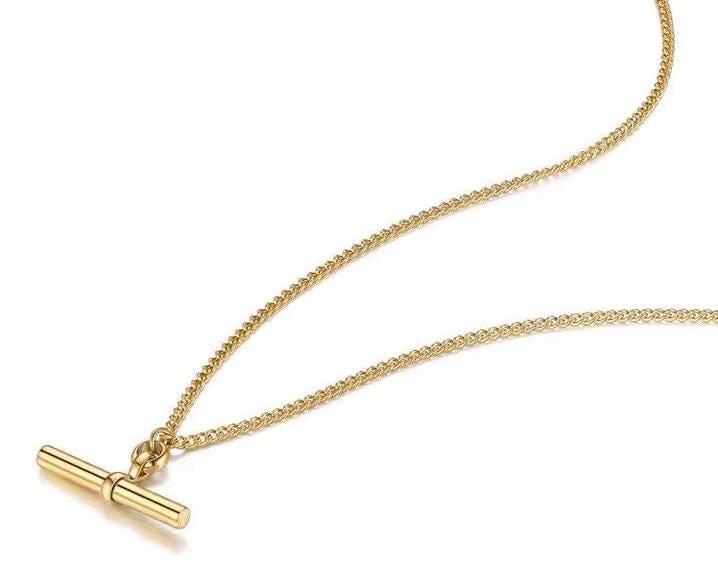 18K Gold Plated T Bar Pendant Necklace – Minimalist Stainless Steel Jewelry