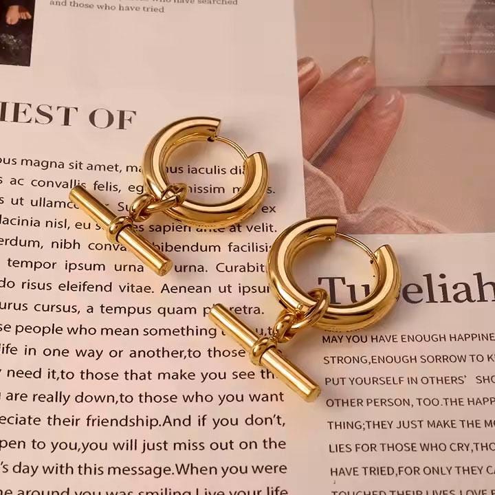18K Gold Plated T Bar Earrings – Minimalist Huggie Hoop Drops