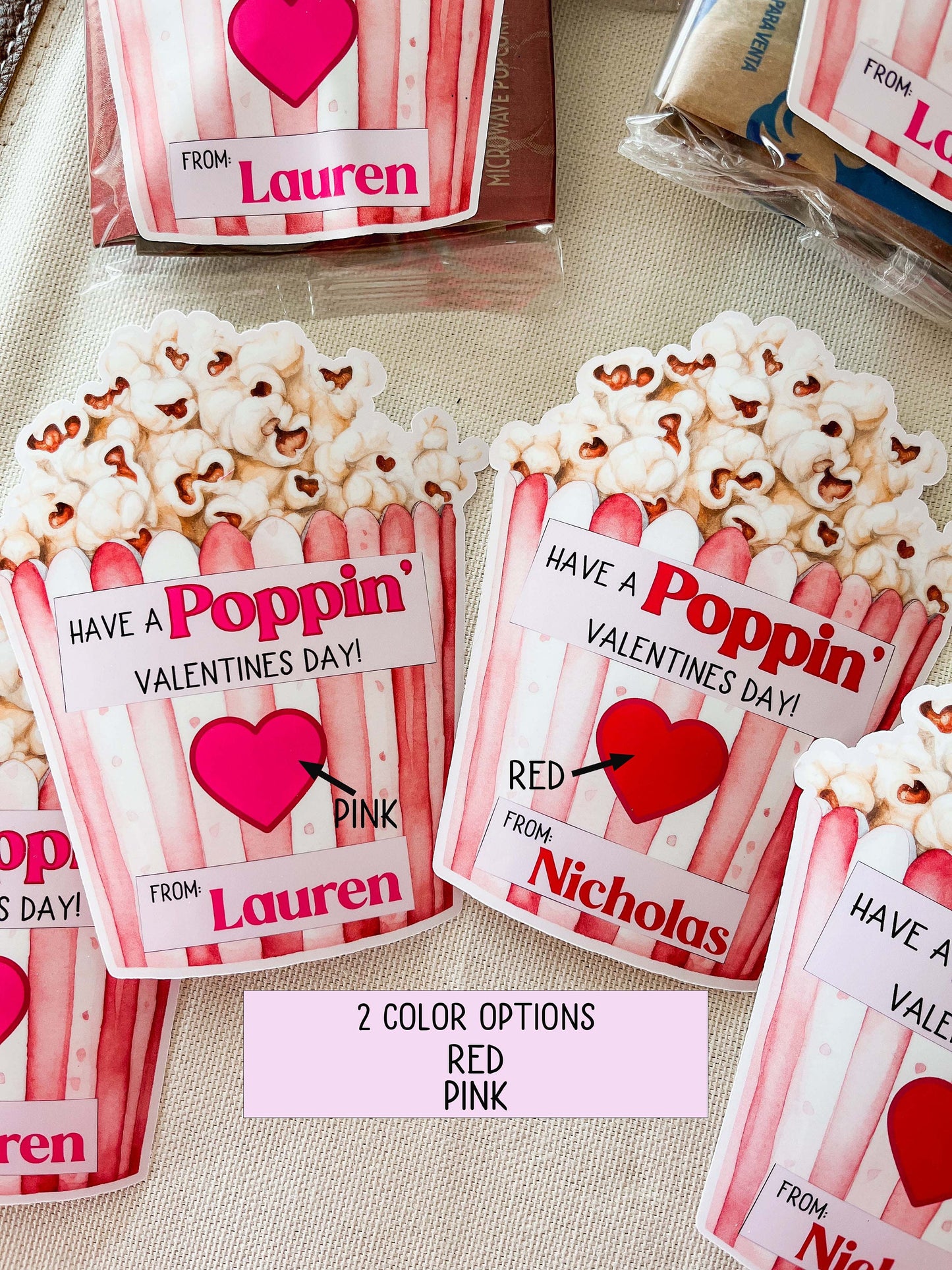 Personalized Valentine Popcorn Stickers – Kids Classroom Labels, Poppin’ Valentines