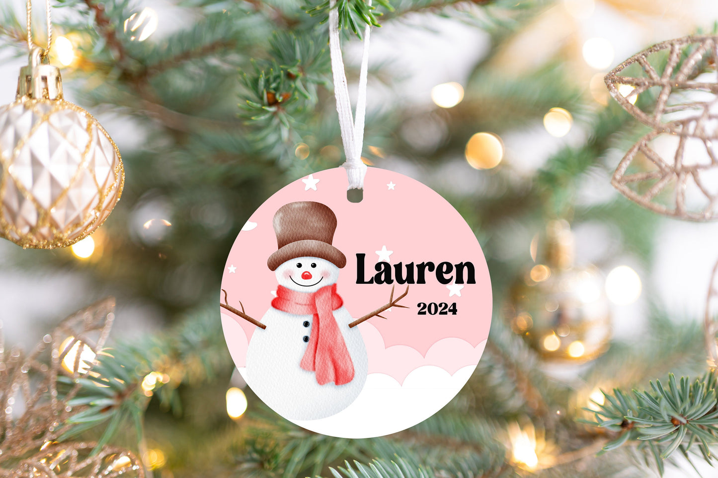 Personalized Pink Snowman Christmas Ornament- Custom Name & Year | Aluminum or Hardboard