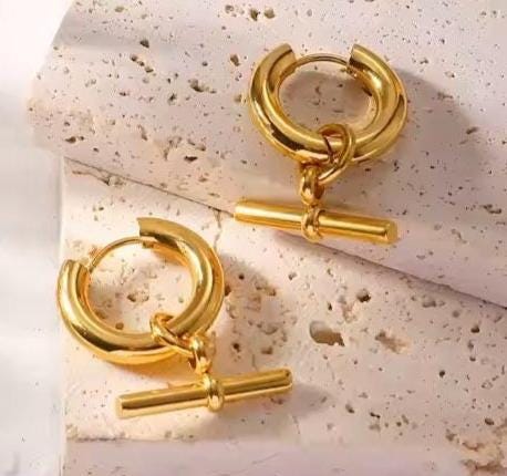 18K Gold Plated T Bar Earrings – Minimalist Huggie Hoop Drops