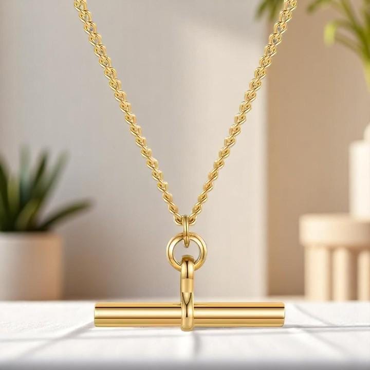 18K Gold Plated T Bar Pendant Necklace – Minimalist Stainless Steel Jewelry