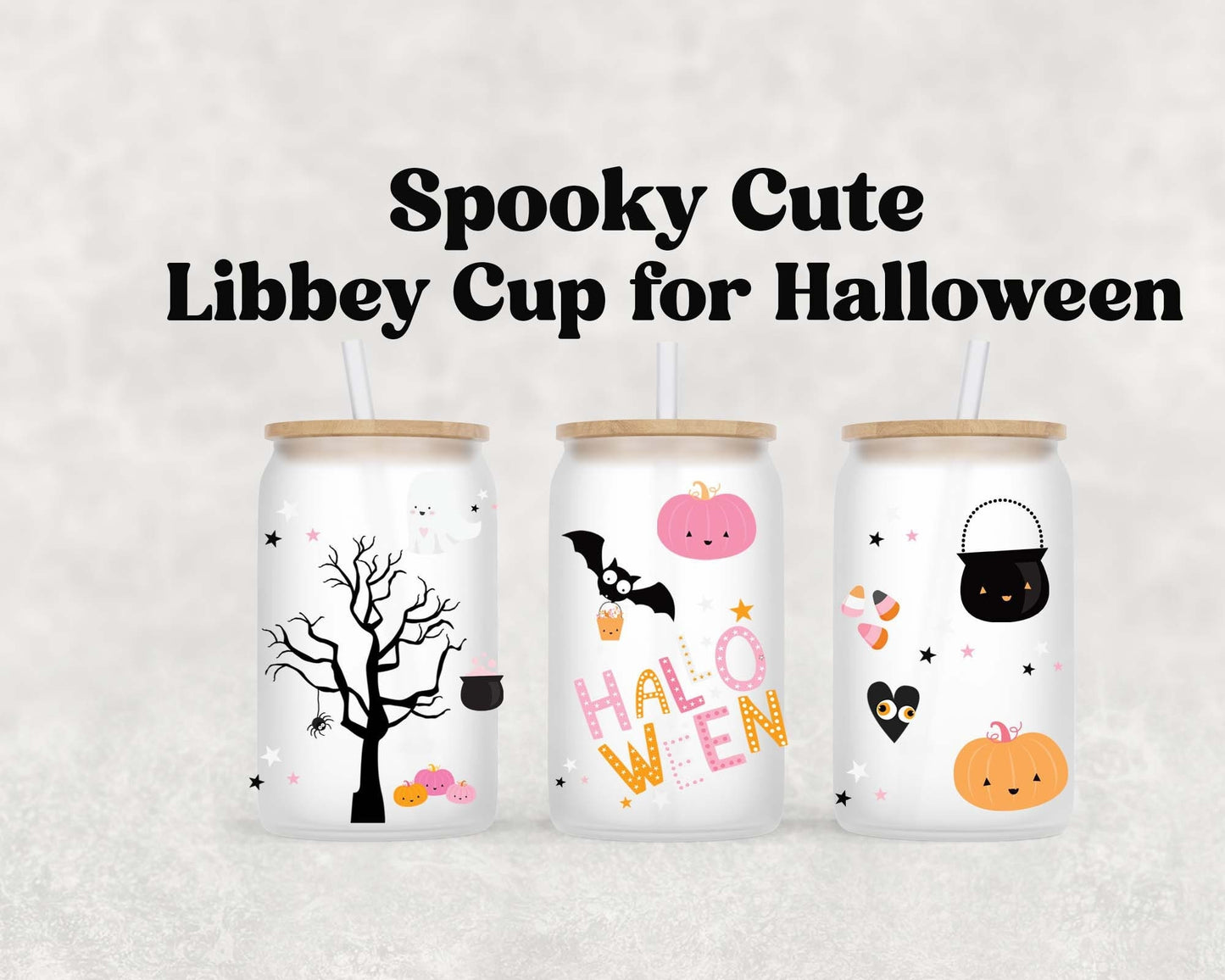 Pink Halloween Iced Coffee Glass – Cute Retro Pastel Ghost & Pumpkin Cup with Bamboo Lid