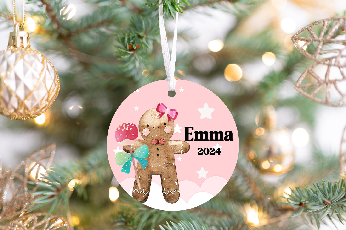 Personalized Pink Gingerbread Christmas Ornament- Custom Name & Year | Aluminum or Hardboard