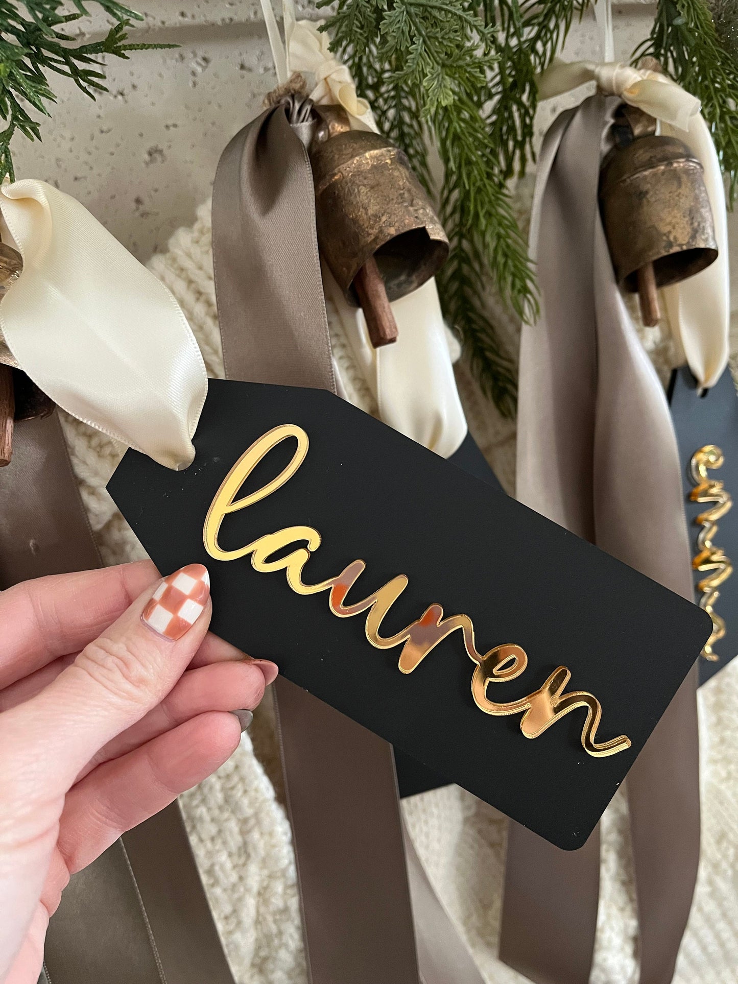 Personalized Black Acrylic Stocking Tag – Modern 3D Christmas Name Tag