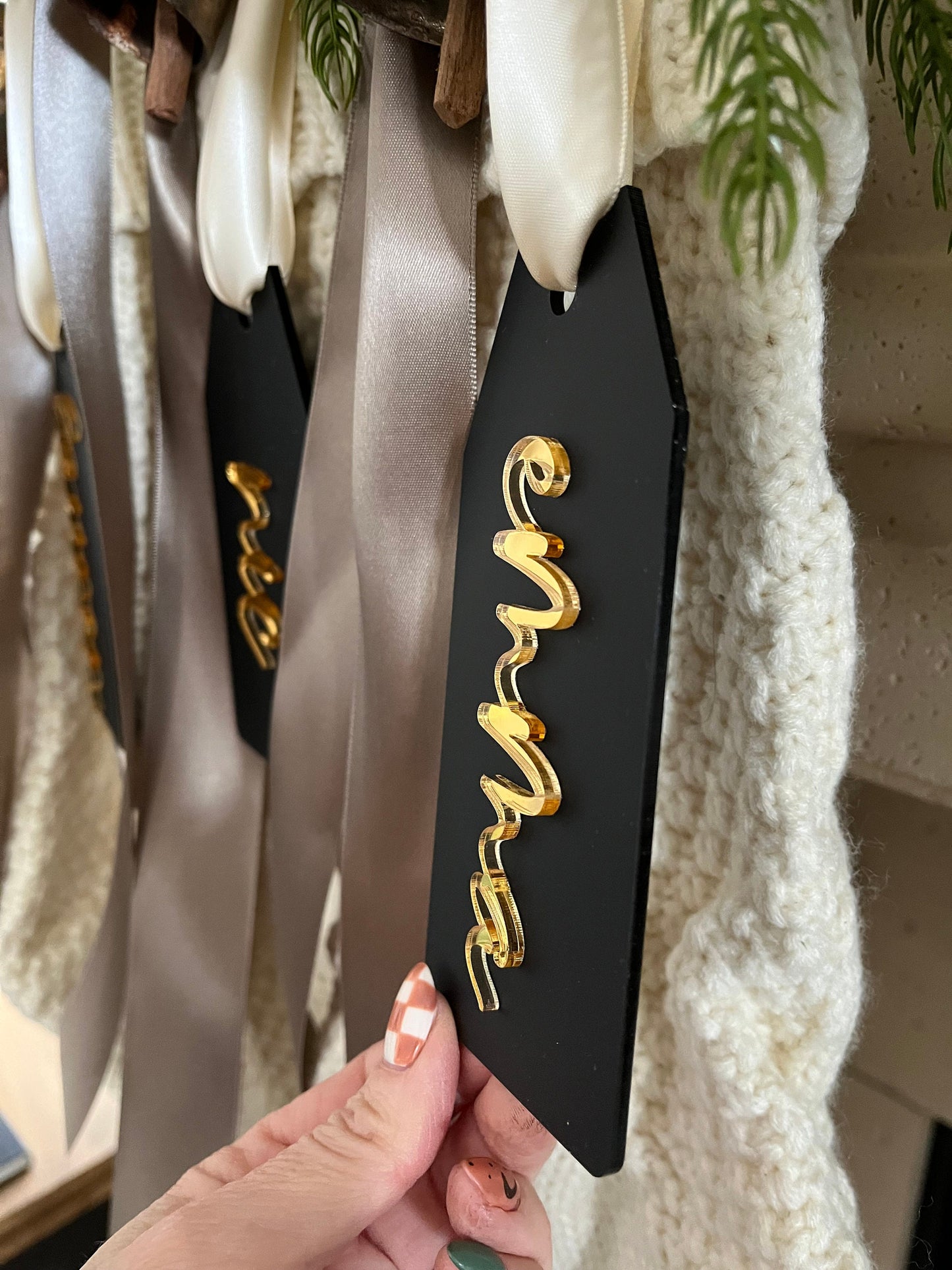 Personalized Black Acrylic Stocking Tag – Modern 3D Christmas Name Tag