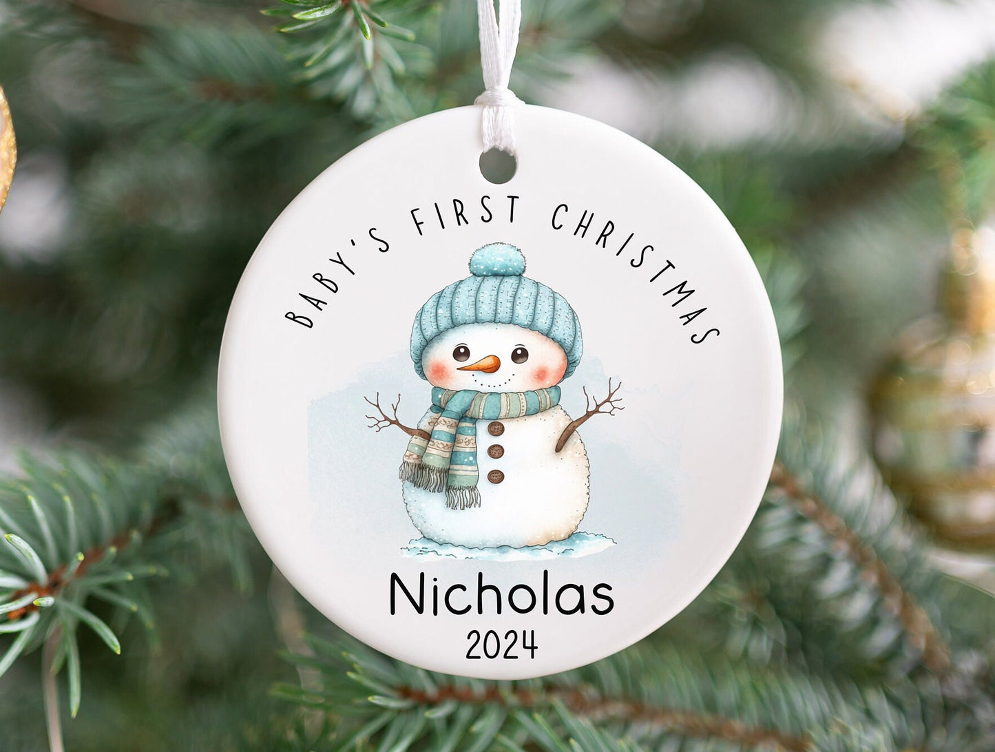 Baby’s First Christmas Ornament 2024 – Personalized Snowman Ornament, Neutral Minimalist Keepsake