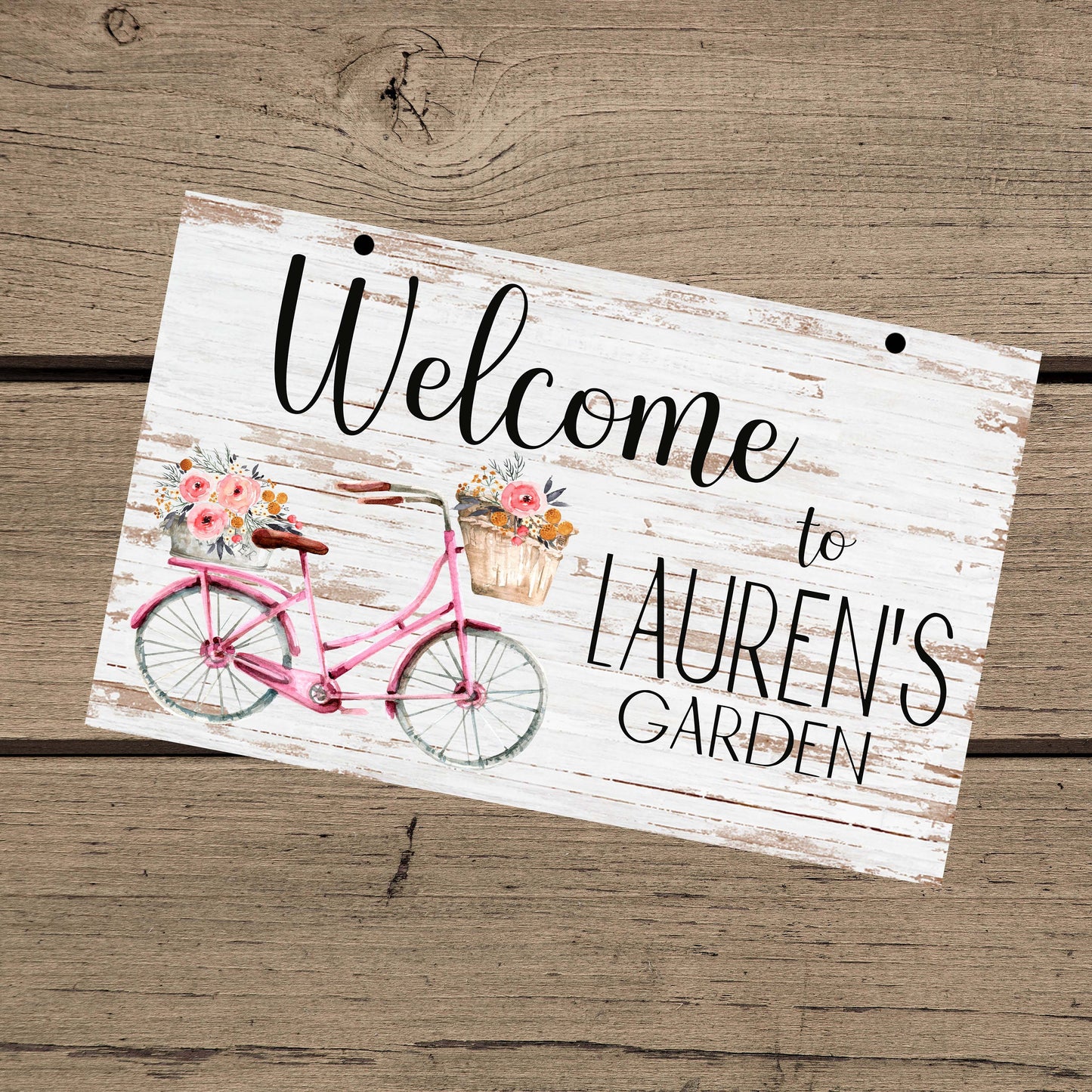 Personalized Garden Sign with Retro Pink Bicycle – Custom Outdoor Decor for Mom or Patio