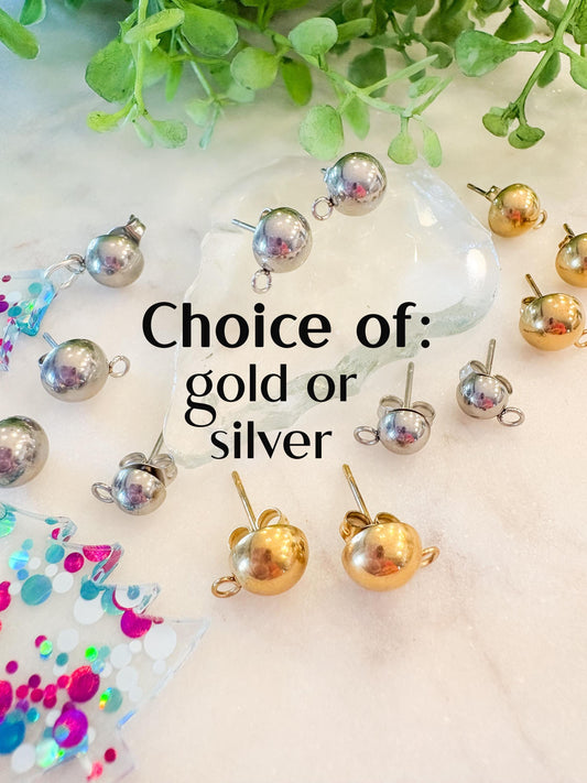 8mm & 6mm Half Ball Stainless Steel Earring Stud Posts – 18K Gold Plated or Silver – 10 Pcs Earring Findings with Loop