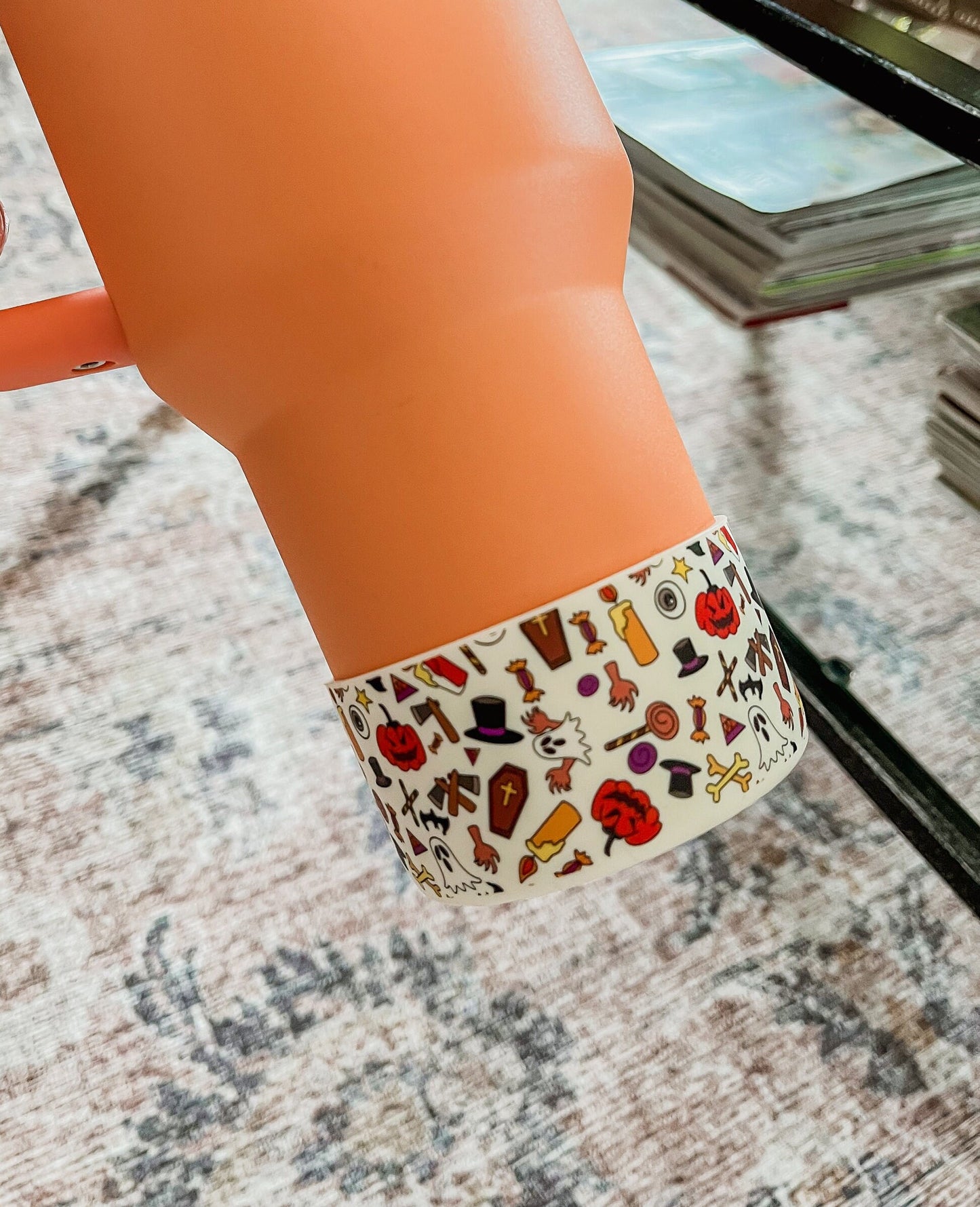 Halloween Tumbler Boot Sleeve - Spooky Ghosts, Bats & Pumpkins | Fits 20 oz 30 oz 40 oz water bottle and tumbler