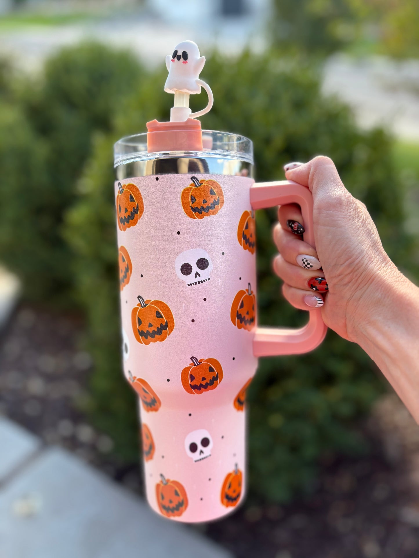 Pink Halloween Tumbler Cup - 40oz Stainless Steel, Vacuum Insulated with Handle and Straw