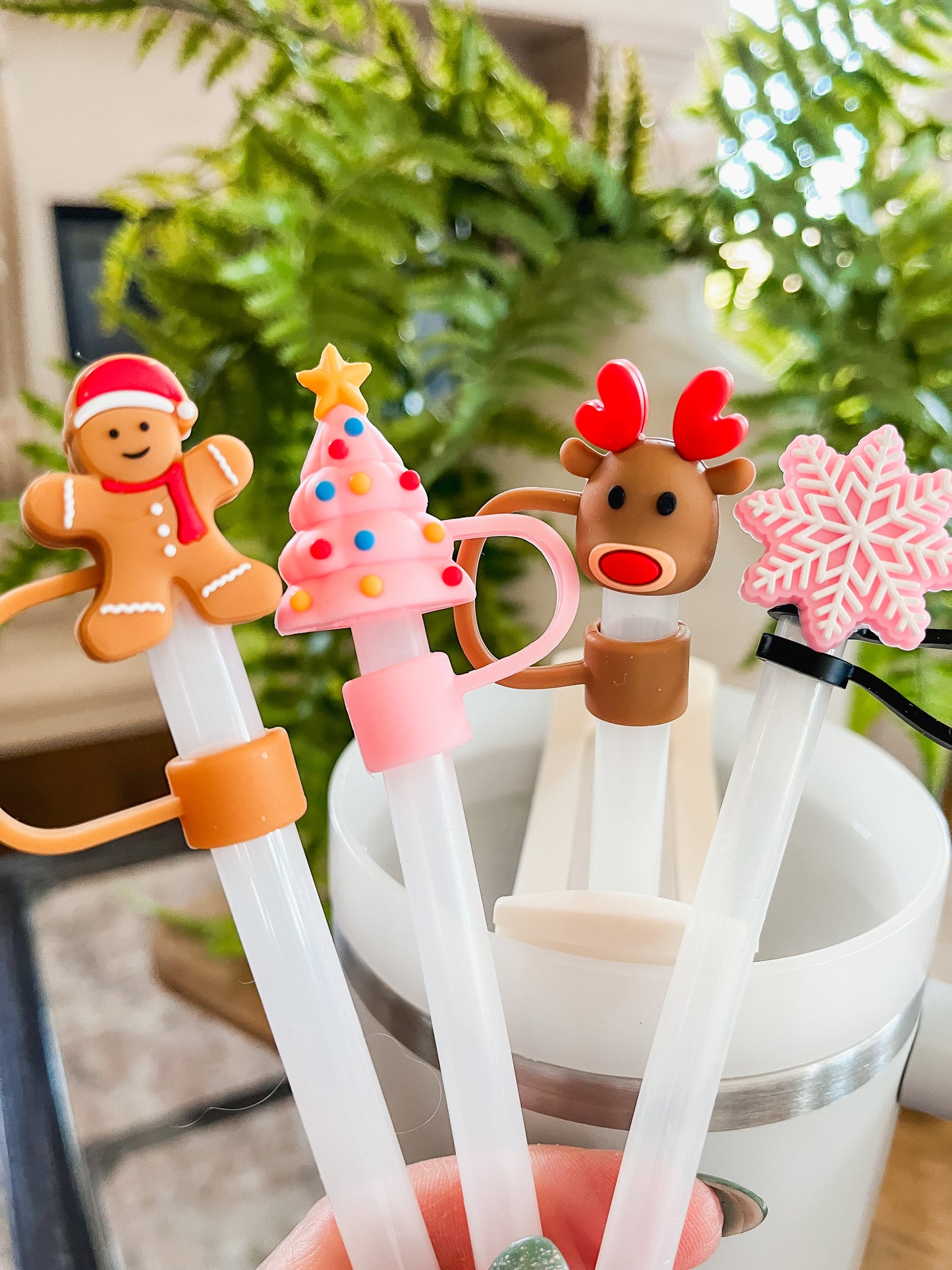 Christmas Straw Toppers - Cute Gingerbread Man, Pink Christmas Tree, Rudolph Reindeer and Pink Snowflake