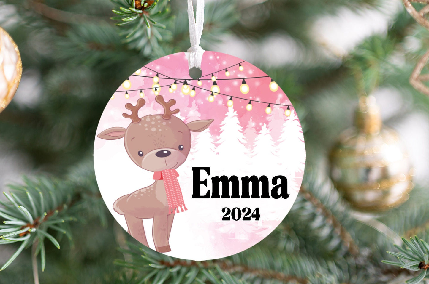 Personalized Pink Reindeer Christmas Ornament- Custom Name & Year | Aluminum or Hardboard