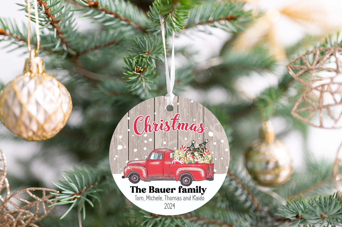 Personalized Family Christmas Ornament 2025 – Vintage Red Truck Holiday Keepsake