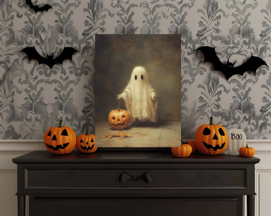 Primitive Halloween Metal Sign – Cute Ghost Trick-Or-Treat Wall Art (Indoor & Outdoor)