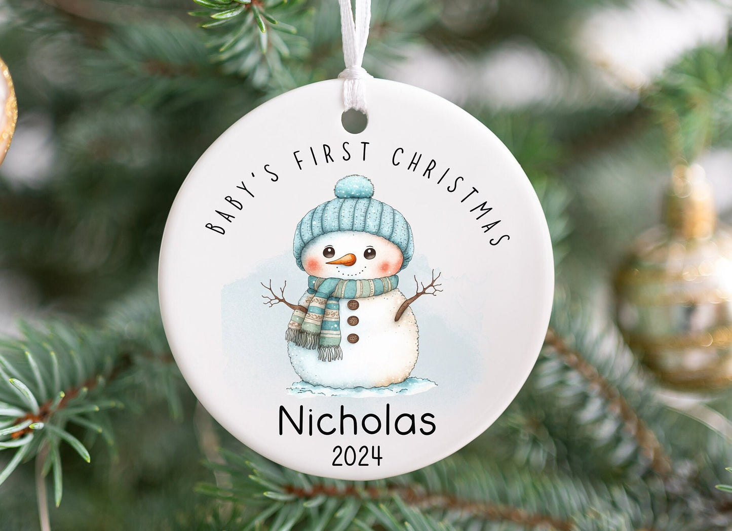 Baby’s First Christmas Ornament 2024 – Personalized Snowman Ornament, Neutral Minimalist Keepsake
