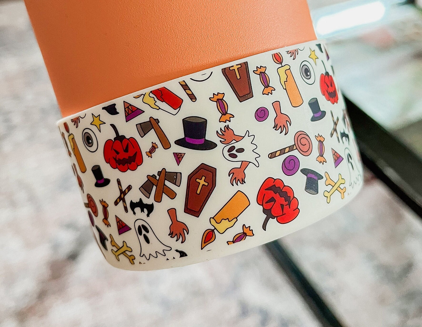 Halloween Tumbler Boot Sleeve - Spooky Ghosts, Bats & Pumpkins | Fits 20 oz 30 oz 40 oz water bottle and tumbler