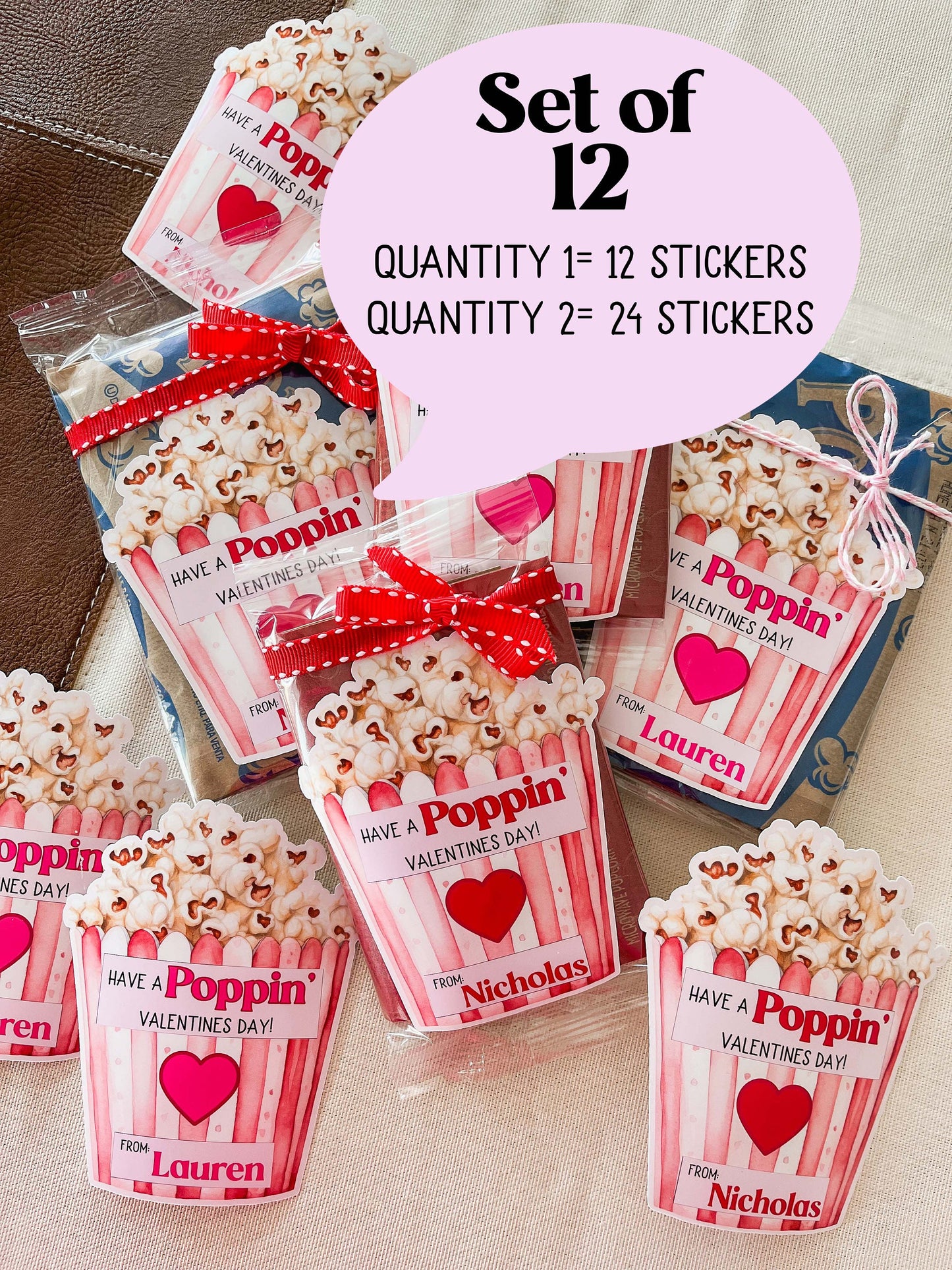 Personalized Valentine Popcorn Stickers – Kids Classroom Labels, Poppin’ Valentines