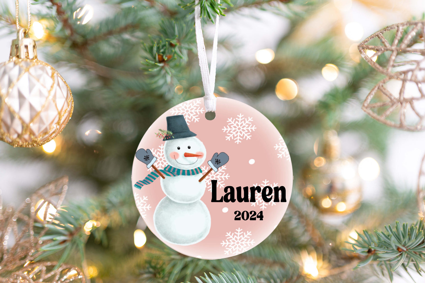 Personalized Pink Snowman Christmas Ornament- Custom Name & Year | Aluminum or Hardboard