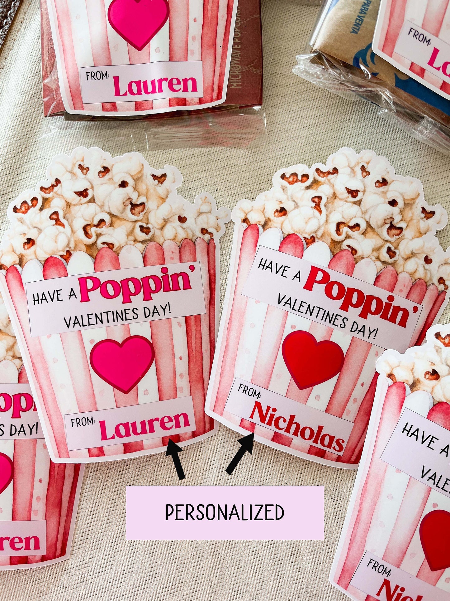 Personalized Valentine Popcorn Stickers – Kids Classroom Labels, Poppin’ Valentines