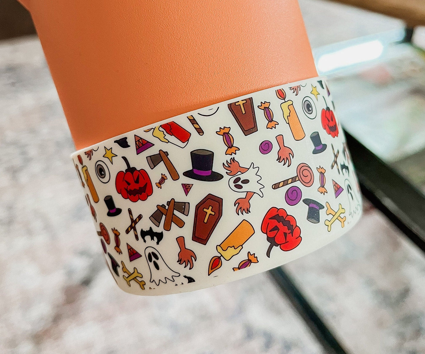 Halloween Tumbler Boot Sleeve - Spooky Ghosts, Bats & Pumpkins | Fits 20 oz 30 oz 40 oz water bottle and tumbler