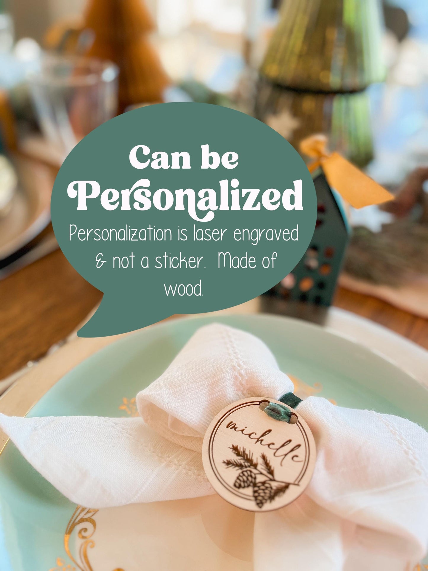Personalized Christmas Pinecone Wreath Place Cards – Custom Table Decor & Gift Tags