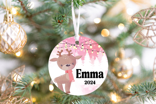 Personalized Pink Reindeer Christmas Ornament- Custom Name & Year | Aluminum or Hardboard