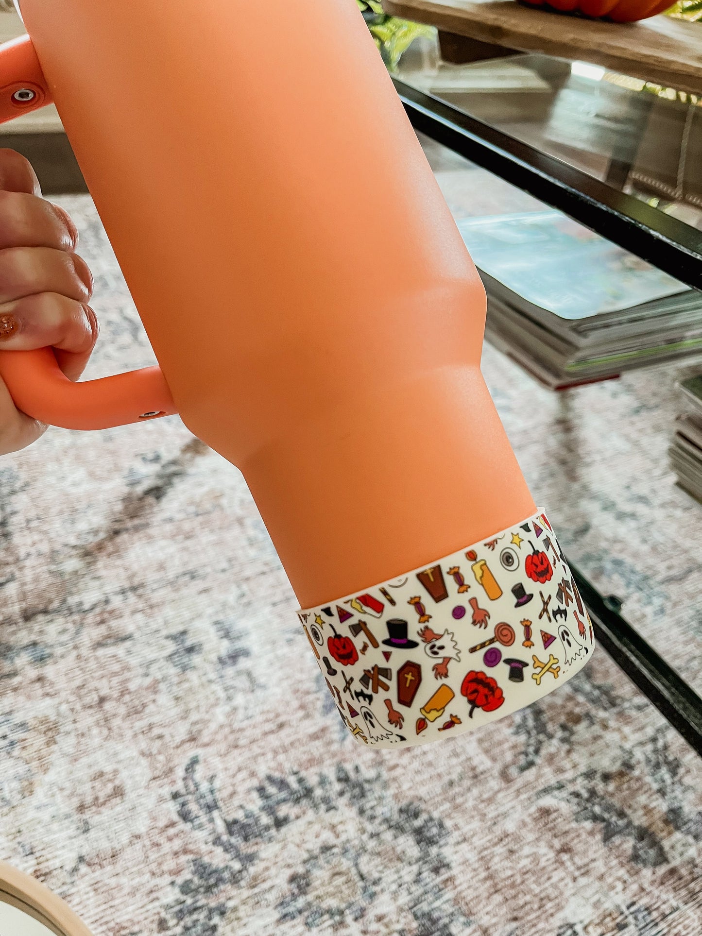 Halloween Tumbler Boot Sleeve - Spooky Ghosts, Bats & Pumpkins | Fits 20 oz 30 oz 40 oz water bottle and tumbler