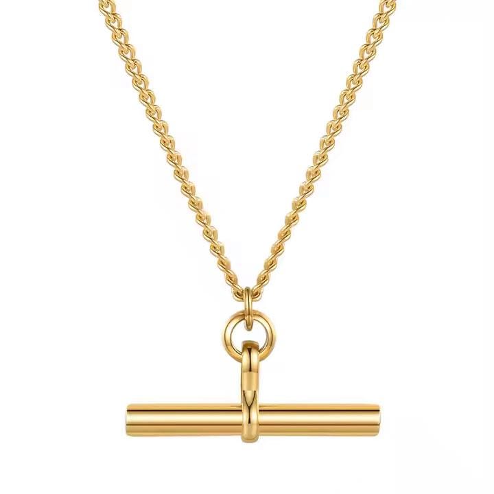 18K Gold Plated T Bar Pendant Necklace – Minimalist Stainless Steel Jewelry
