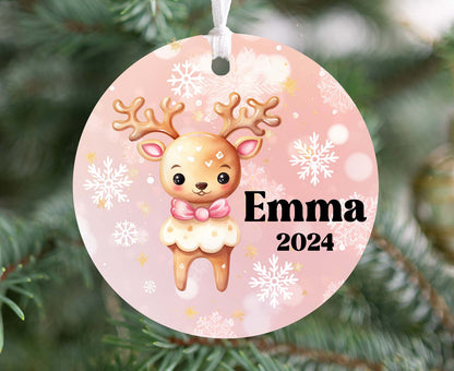 Personalized Pink Reindeer Christmas Ornament- Custom Name & Year | Aluminum or Hardboard