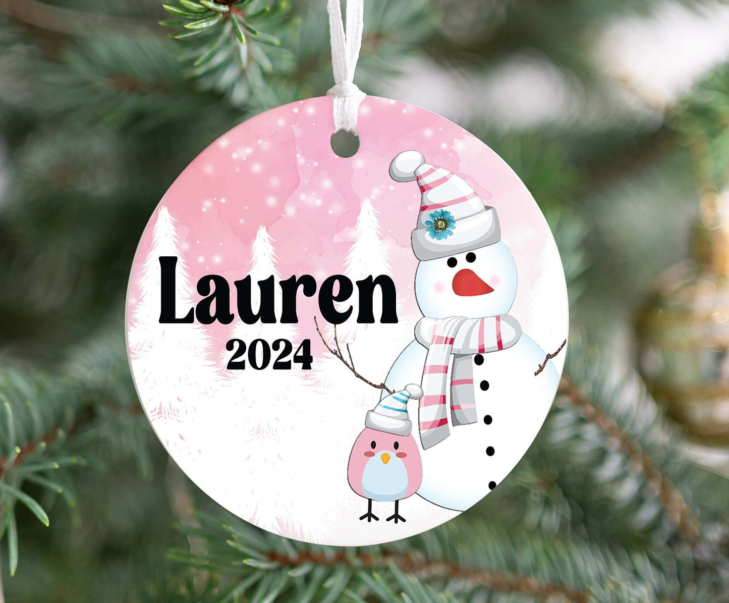 Personalized Pink Snowman Christmas Ornament- Custom Name & Year | Aluminum or Hardboard